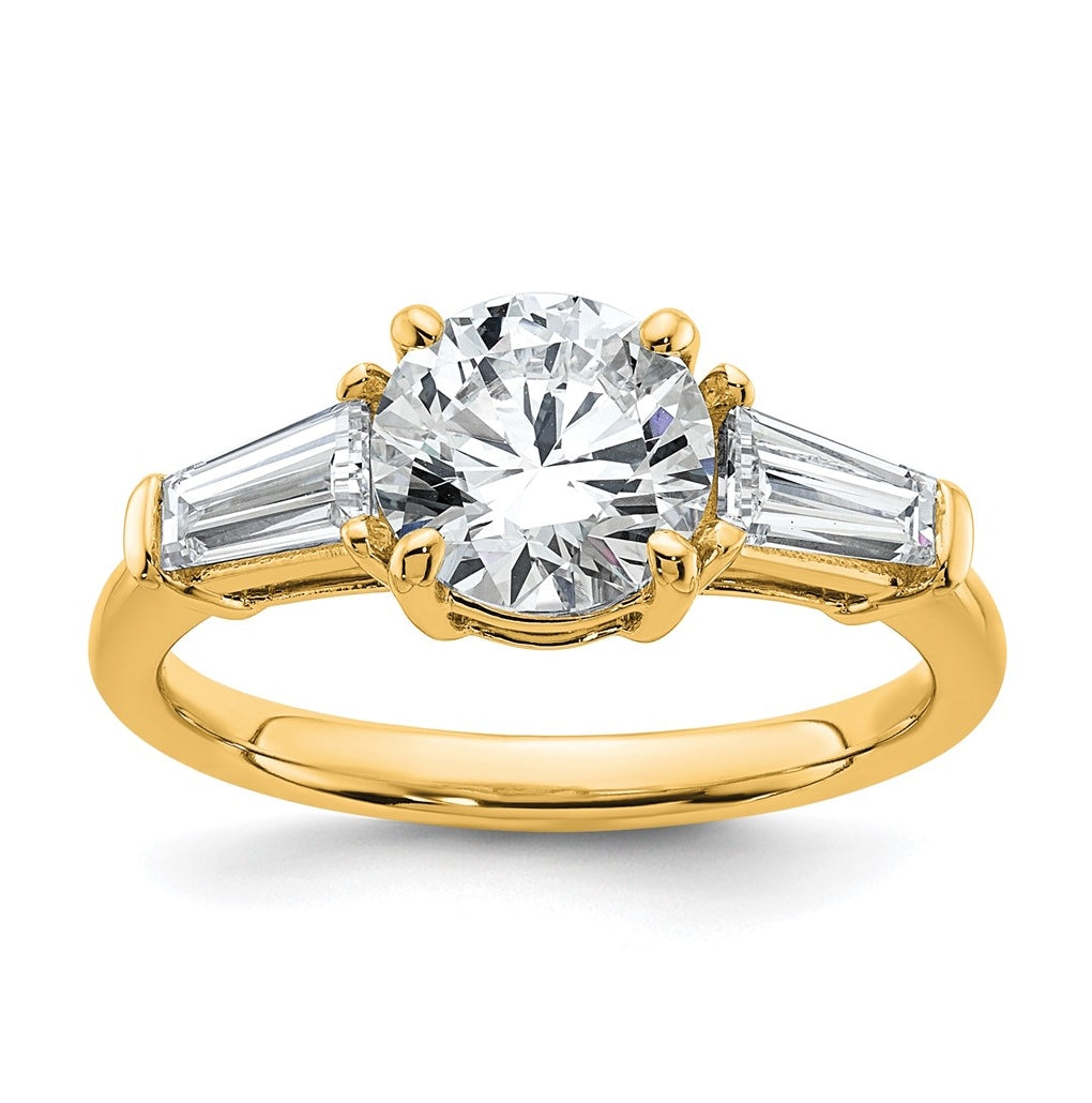 14K Yellow Or White Gold Lab Grown Diamond VS+ F+ Round and Tapered Baguette Complete Three Stone Engagement Ring