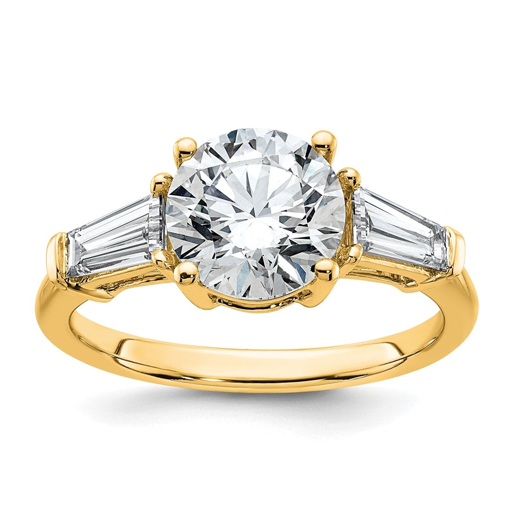 14K Yellow Or White Gold Lab Grown Diamond VS+ F+ Round and Tapered Baguette Complete Three Stone Engagement Ring