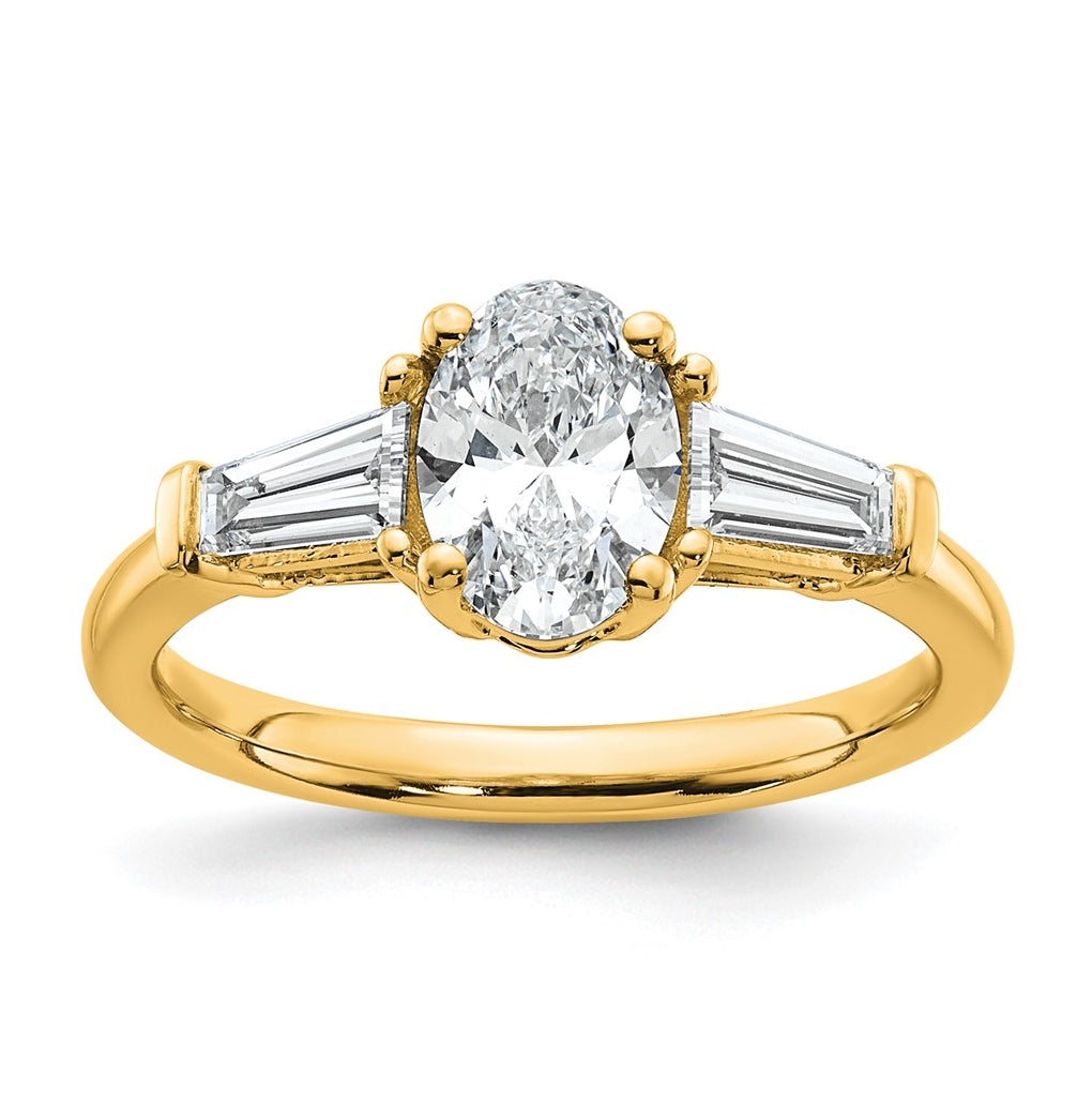 14k Yellow Gold 1 1/2 carat Certified Lab Grown Diamond VS+ F+ Oval and Tapered Baguette Complete Three Stone Engagement Ring
