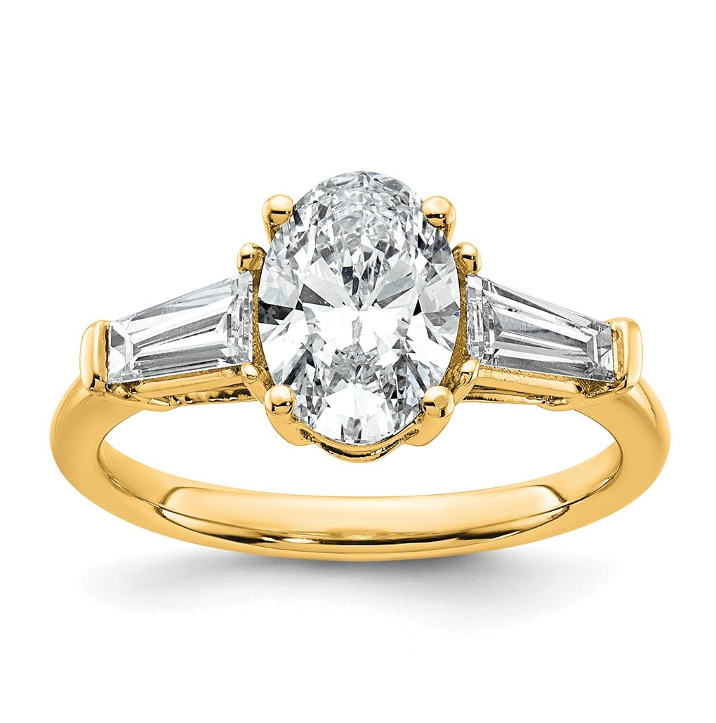 14k Yellow Gold 2 1/5 carat Certified Lab Grown Diamond VS+ F+ Oval and Tapered Baguette Complete Three Stone Engagement Ring