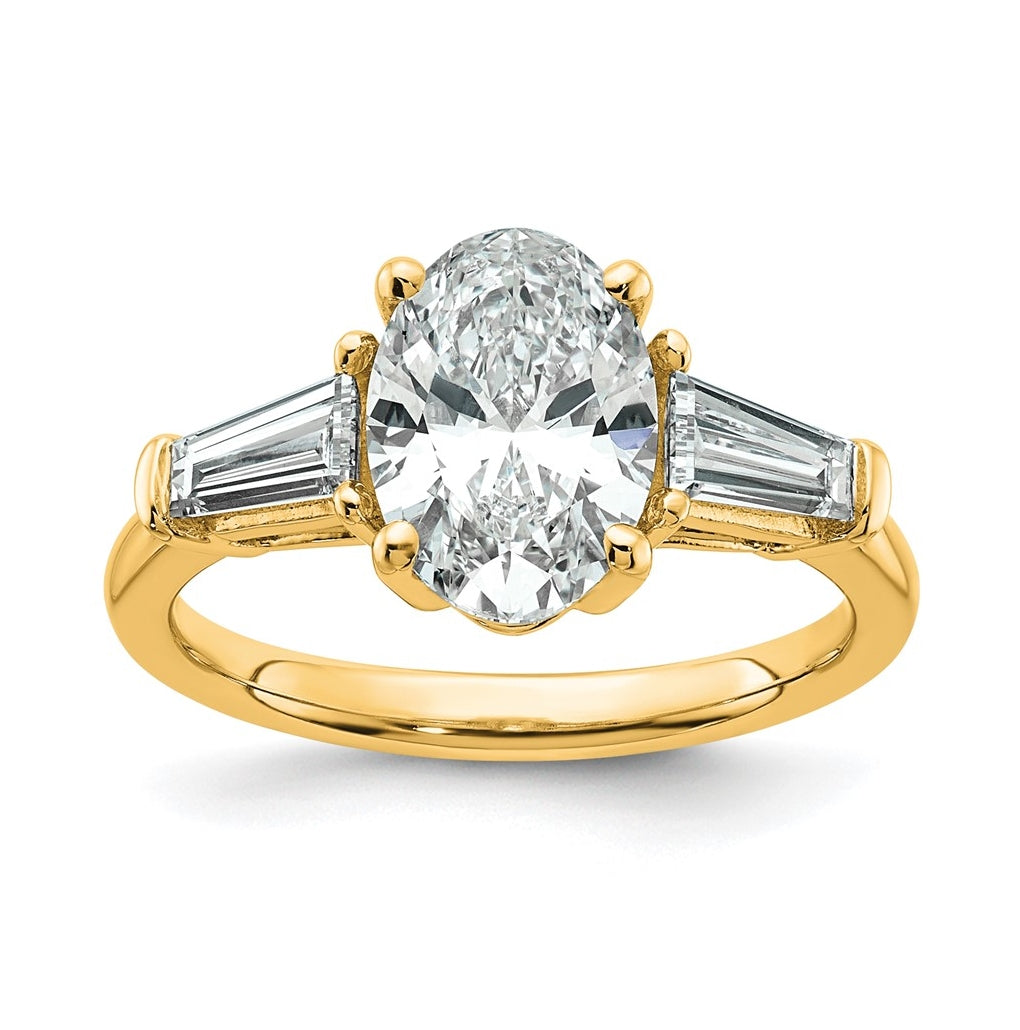 14k Yellow Gold 2 3/4 carat Certified Lab Grown Diamond VS+ F+ Oval and Tapered Baguette Complete Three Stone Engagement Ring