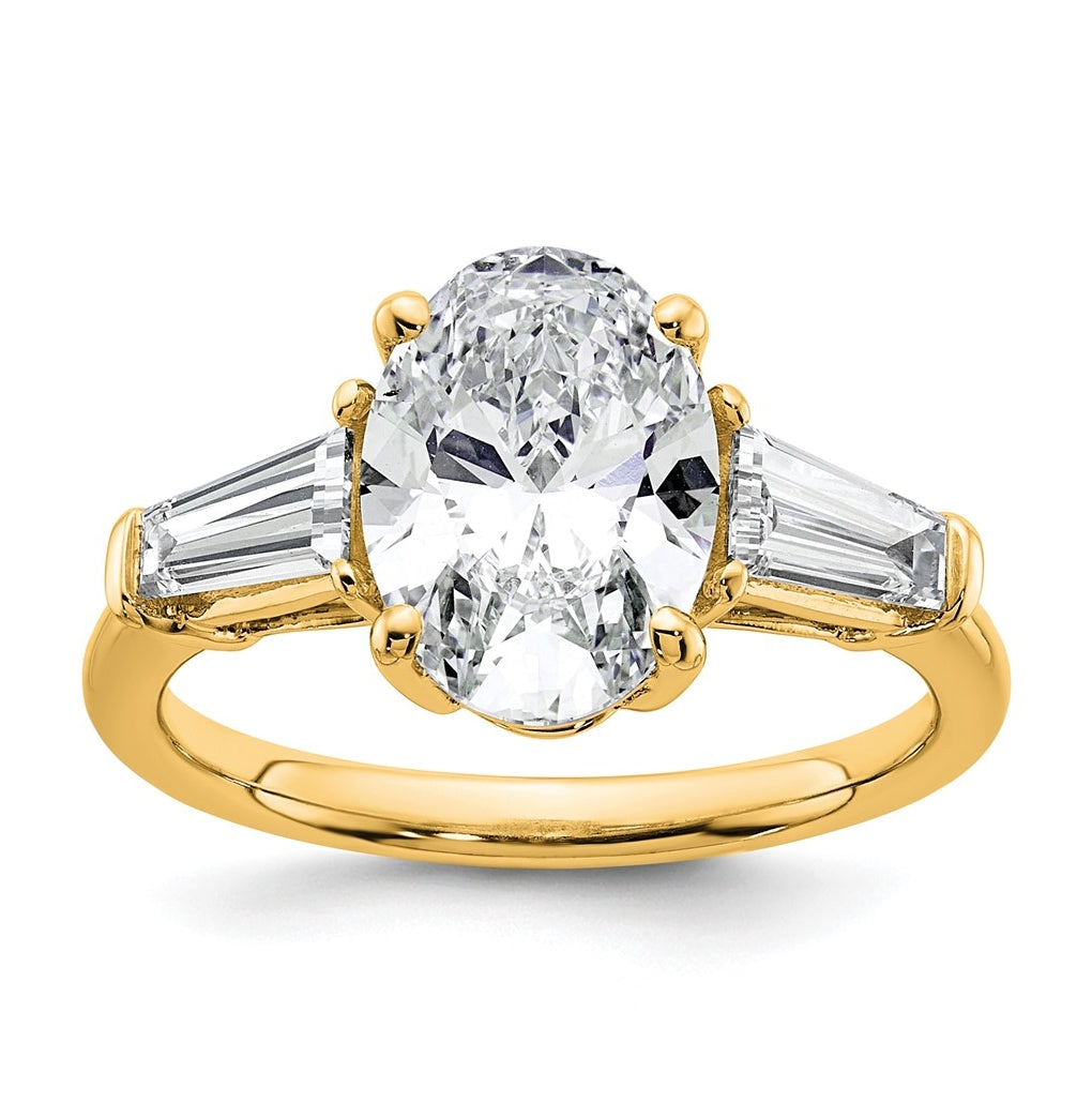 14k Yellow Gold 3 1/5 carat Certified Lab Grown Diamond VS+ F+ Oval and Tapered Baguette Complete Three Stone Engagement Ring