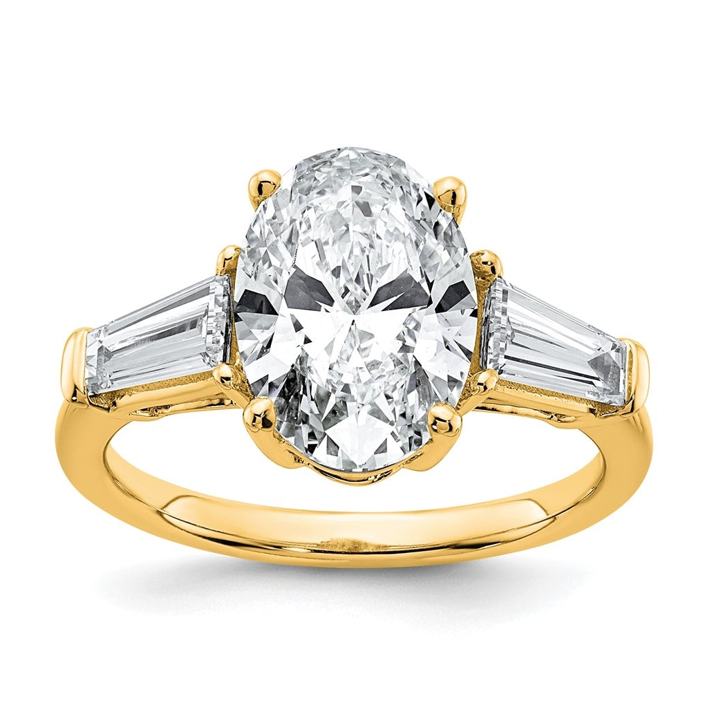 14k Yellow Gold 3 3/4 carat Certified Lab Grown Diamond VS+ F+ Oval and Tapered Baguette Complete Three Stone Engagement Ring