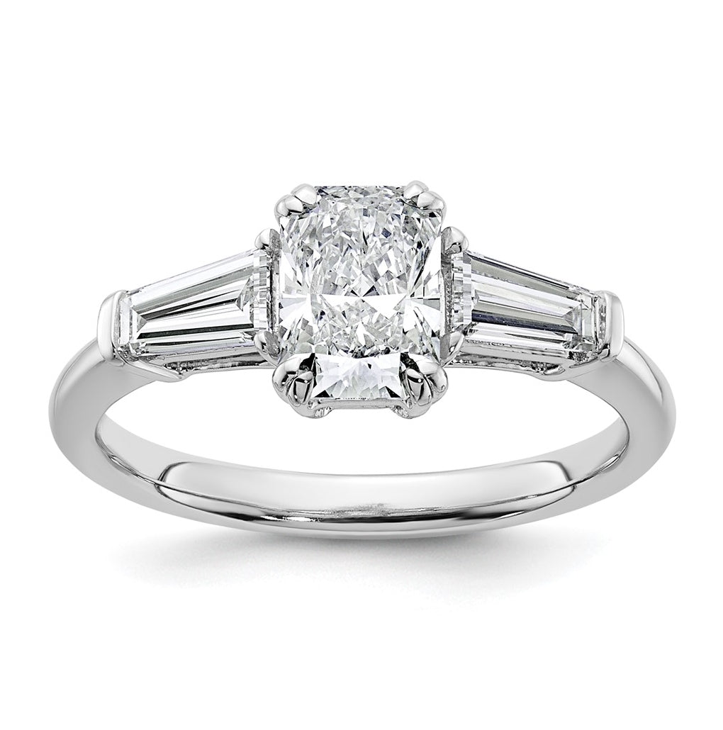 14k White Gold 1 1/2 carat Certified Lab Grown Diamond VS+ F+ Radiant with Tapered Baguette Sides Complete Engagement Ring
