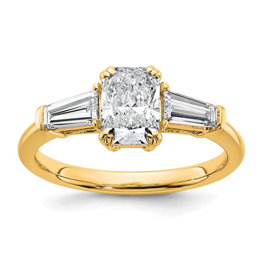 14k Yellow Gold 1 1/2 carat Certified Lab Grown Diamond VS+ F+ Radiant with Tapered Baguette Sides Complete Engagement Ring