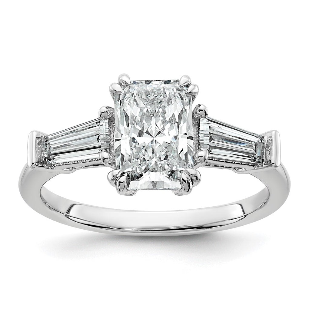 14k White Gold 2 carat Certified Lab Grown Diamond VS+ F+ Radiant with Tapered Baguette Sides Complete Engagement Ring