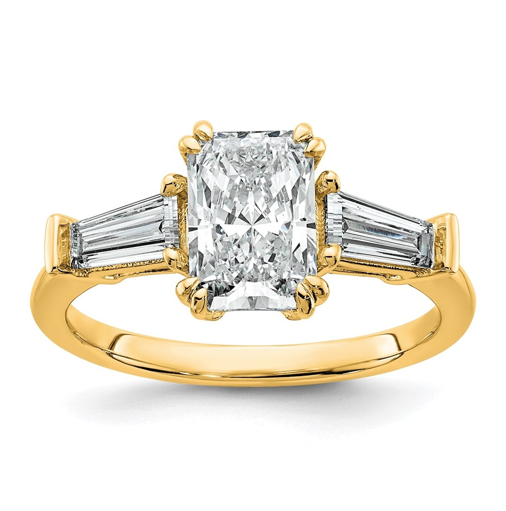 14k Yellow Gold 2 carat Certified Lab Grown Diamond VS+ F+ Radiant with Tapered Baguette Sides Complete Engagement Ring