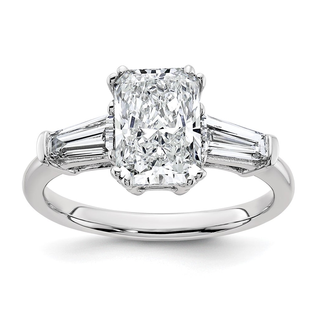 14k White Gold 2 5/8 carat Certified Lab Grown Diamond VS+ F+ Radiant with Tapered Baguette Sides Complete Engagement Ring
