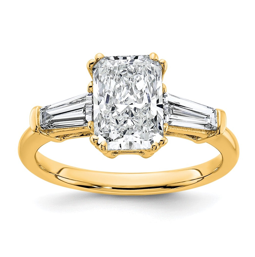 14k Yellow Gold 2 5/8 carat Certified Lab Grown Diamond VS+ F+ Radiant with Tapered Baguette Sides Complete Engagement Ring