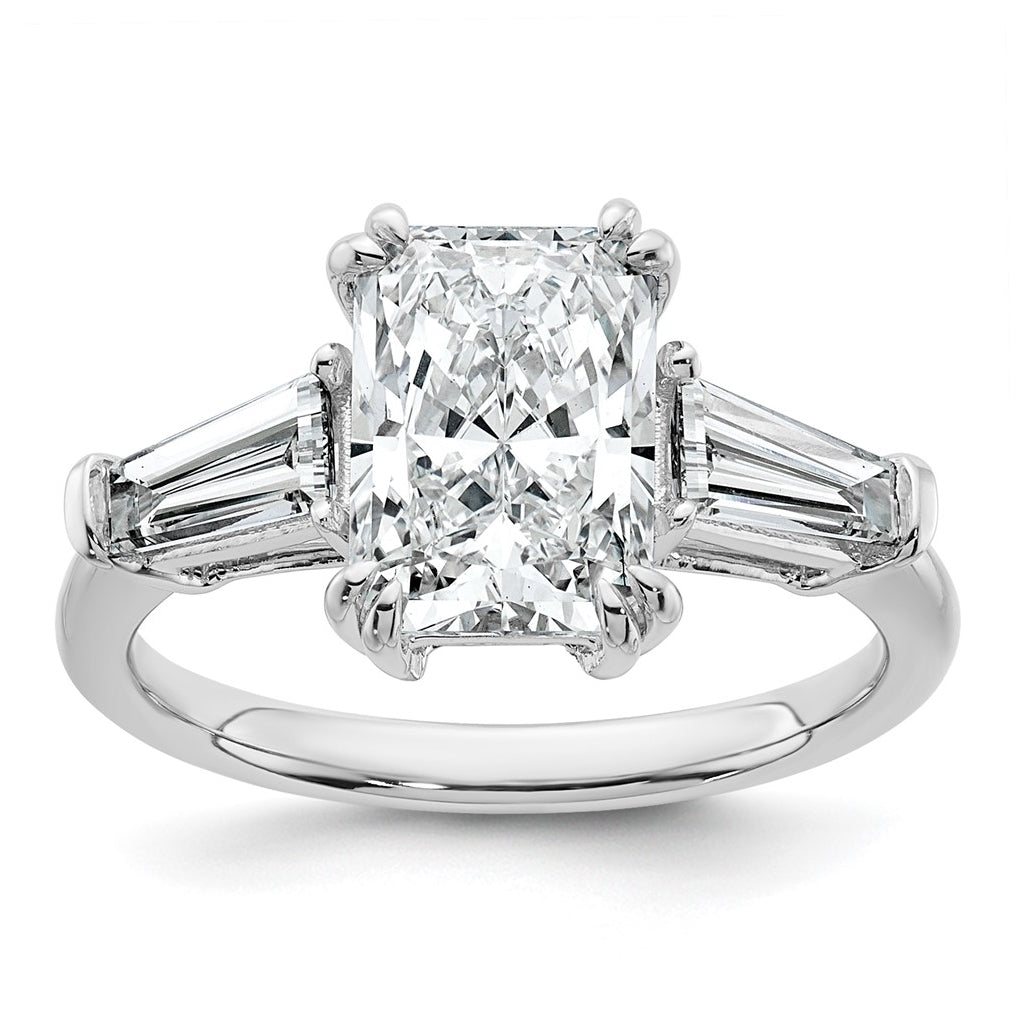 14k White Gold 3 1/5 carat Certified Lab Grown Diamond VS+ F+ Radiant with Tapered Baguette Sides Complete Engagement Ring