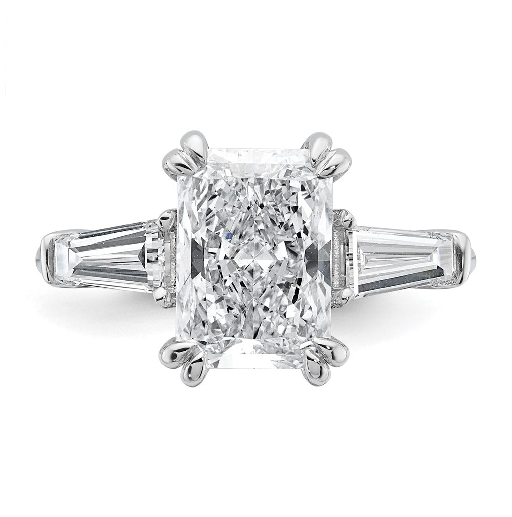 14k White Gold 3 3/4 carat Certified Lab Grown Diamond VS+ F+ Radiant with Tapered Baguette Sides Complete Engagement Ring