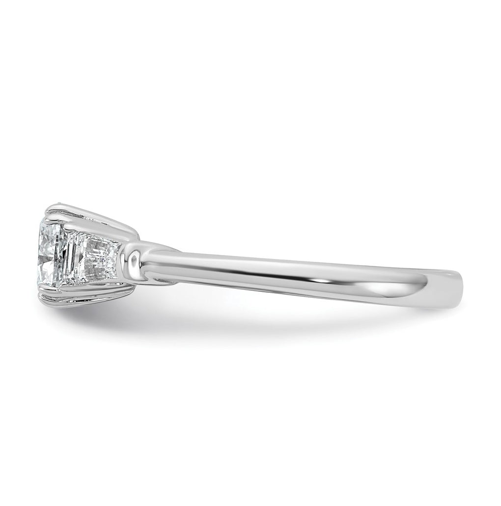 14k White Gold 1 1/2 carat Certified Lab Grown Diamond VS+ F+ Cushion and Tapered Baguette Complete Three Stone Engagement Ring