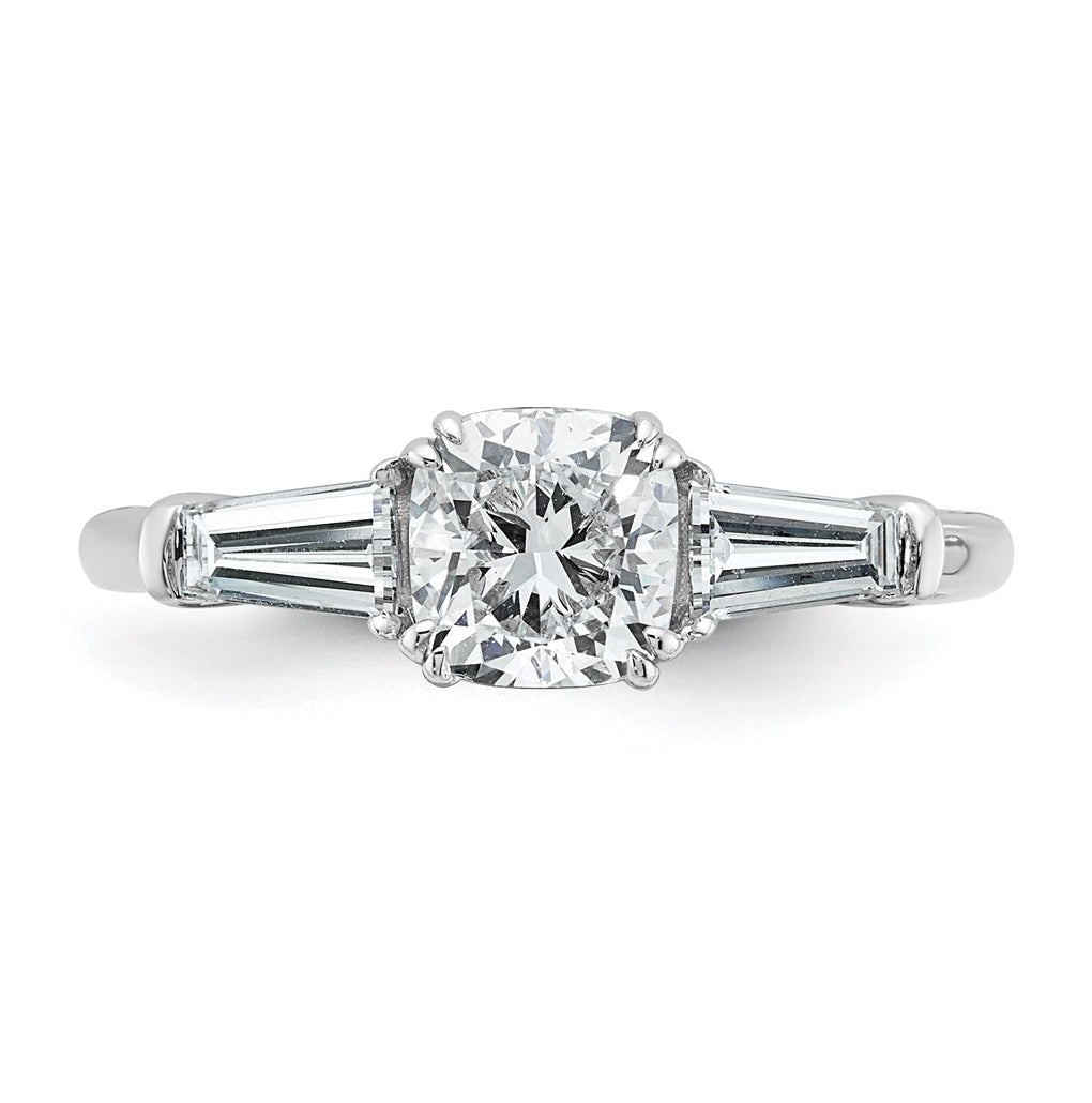 14k White Gold 1 1/2 carat Certified Lab Grown Diamond VS+ F+ Cushion and Tapered Baguette Complete Three Stone Engagement Ring