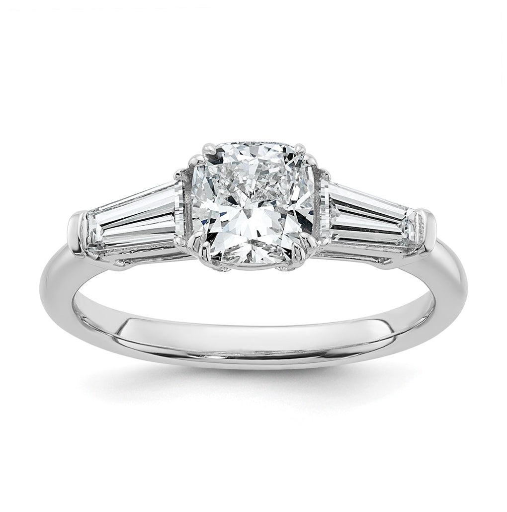 14k White Gold 1 1/2 carat Certified Lab Grown Diamond VS+ F+ Cushion and Tapered Baguette Complete Three Stone Engagement Ring
