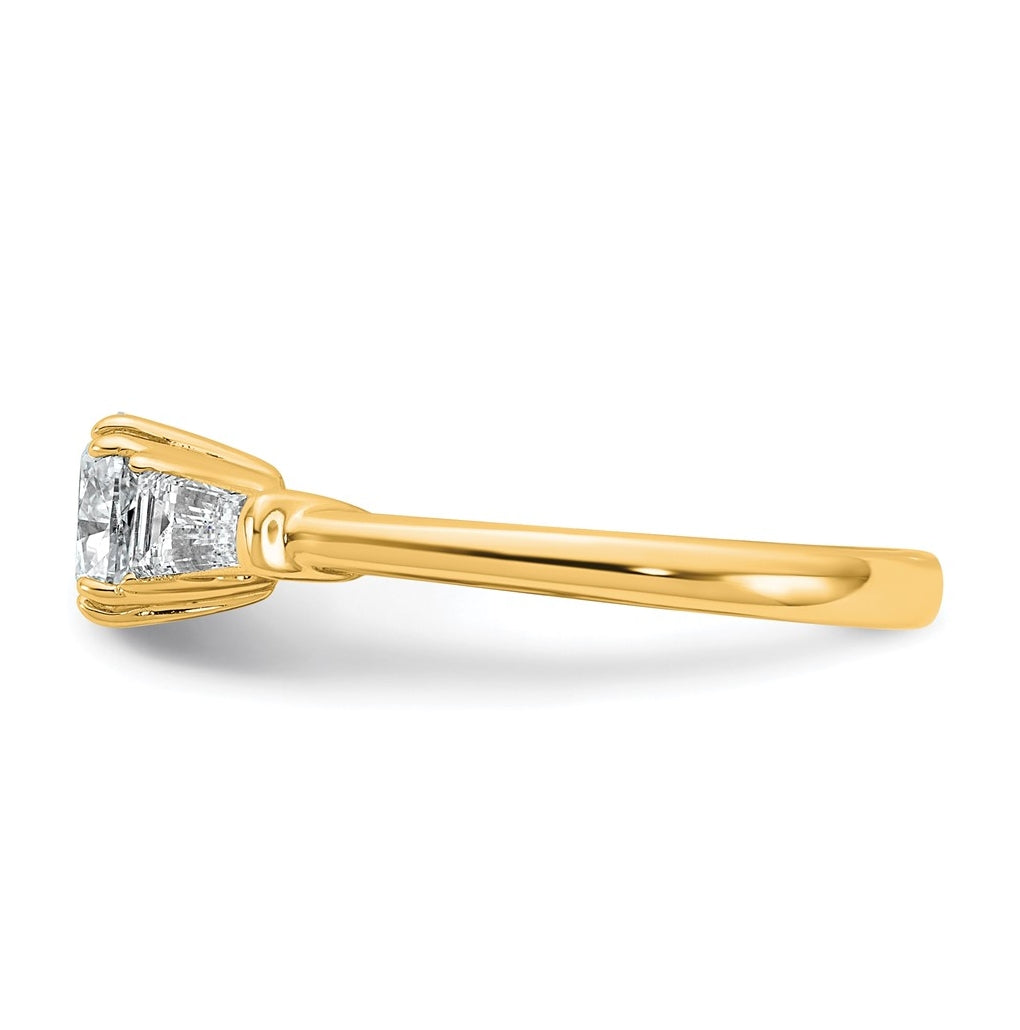 14k Yellow Gold Certified Lab Grown Diamond VS+ F+ Cushion and Tapered Baguette Complete Three Stone Engagement Ring