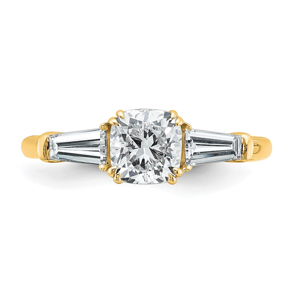 14k Yellow Gold Certified Lab Grown Diamond VS+ F+ Cushion and Tapered Baguette Complete Three Stone Engagement Ring