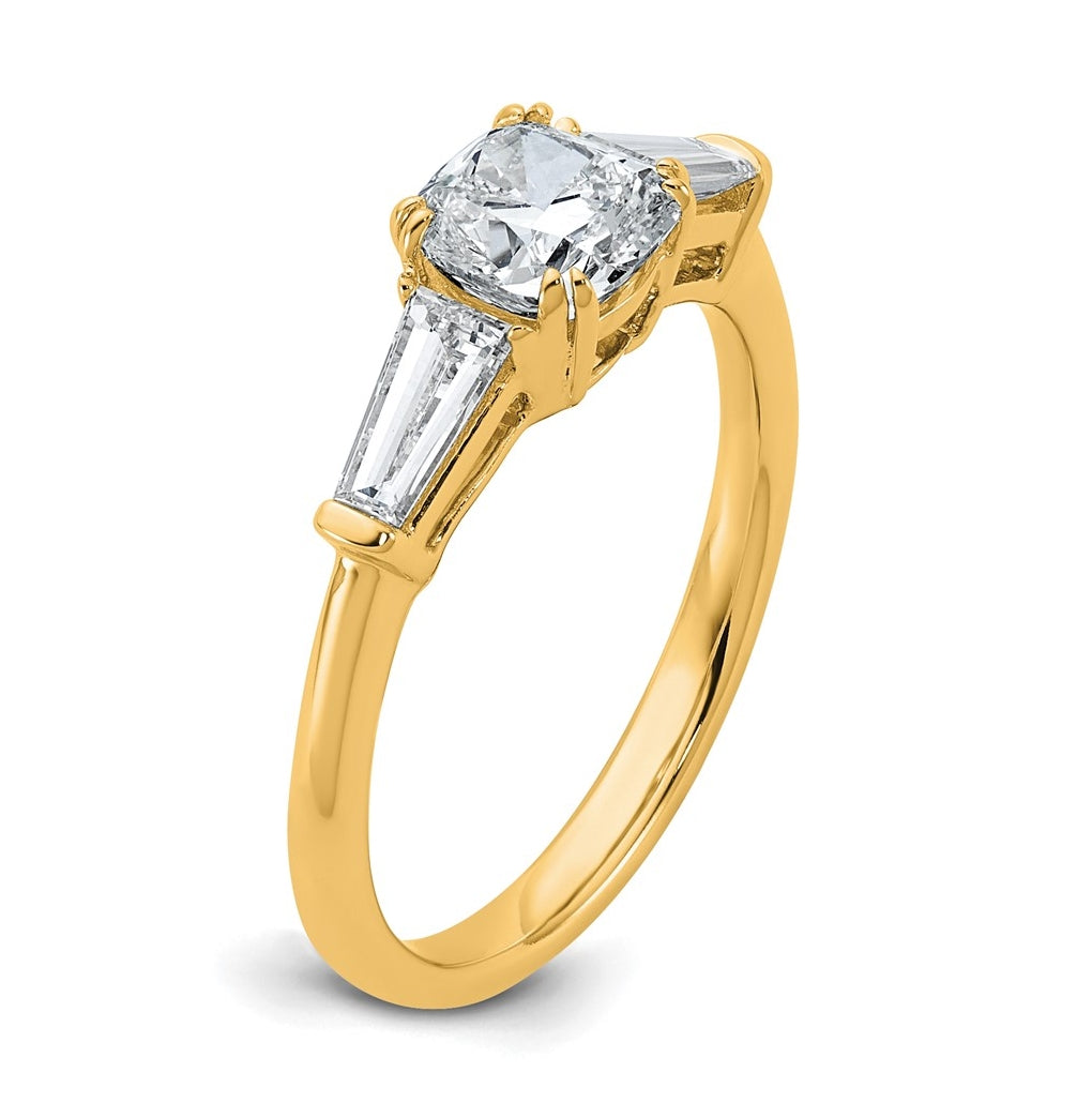 14k Yellow Gold Certified Lab Grown Diamond VS+ F+ Cushion and Tapered Baguette Complete Three Stone Engagement Ring