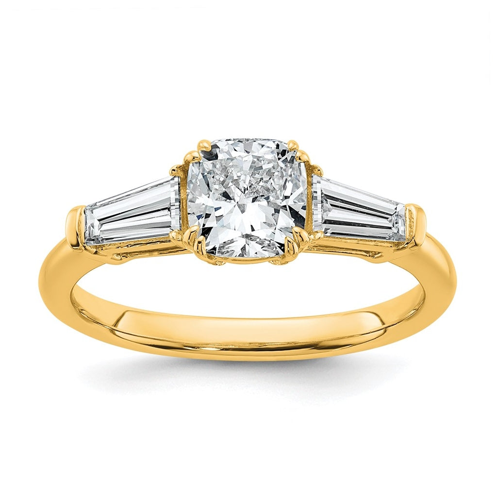 14k Yellow Gold Certified Lab Grown Diamond VS+ F+ Cushion and Tapered Baguette Complete Three Stone Engagement Ring