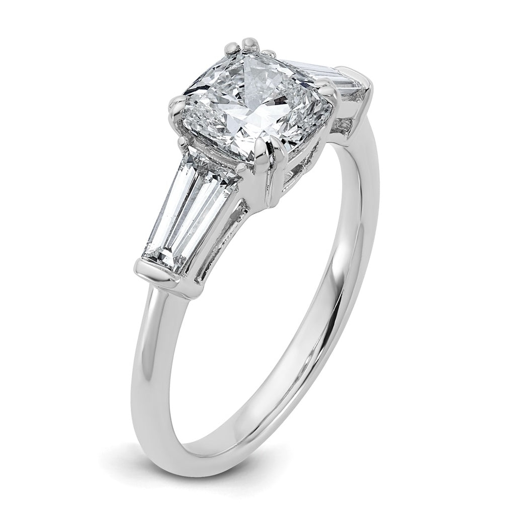14k White Gold 2 carat Certified Lab Grown Diamond VS+ F+ Cushion and Tapered Baguette Complete Three Stone Engagement Ring