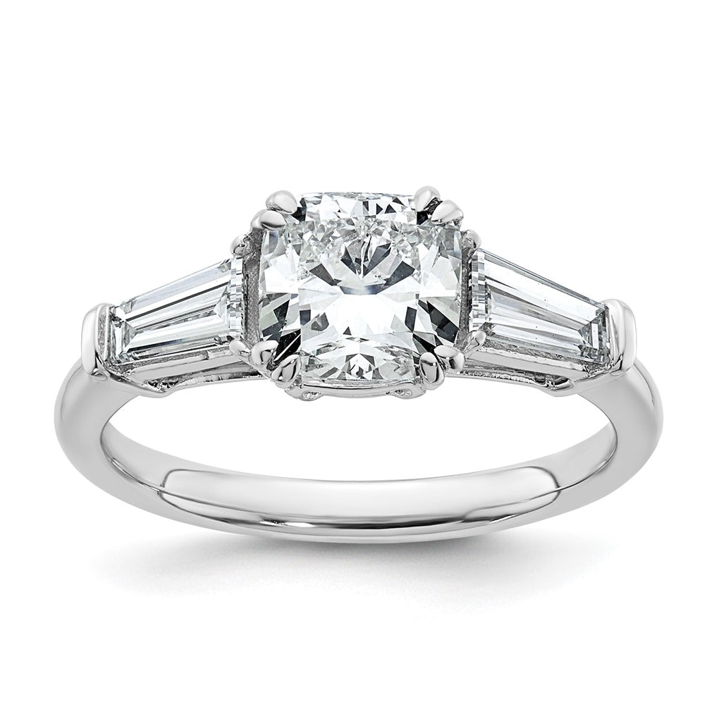 14k White Gold 2 carat Certified Lab Grown Diamond VS+ F+ Cushion and Tapered Baguette Complete Three Stone Engagement Ring