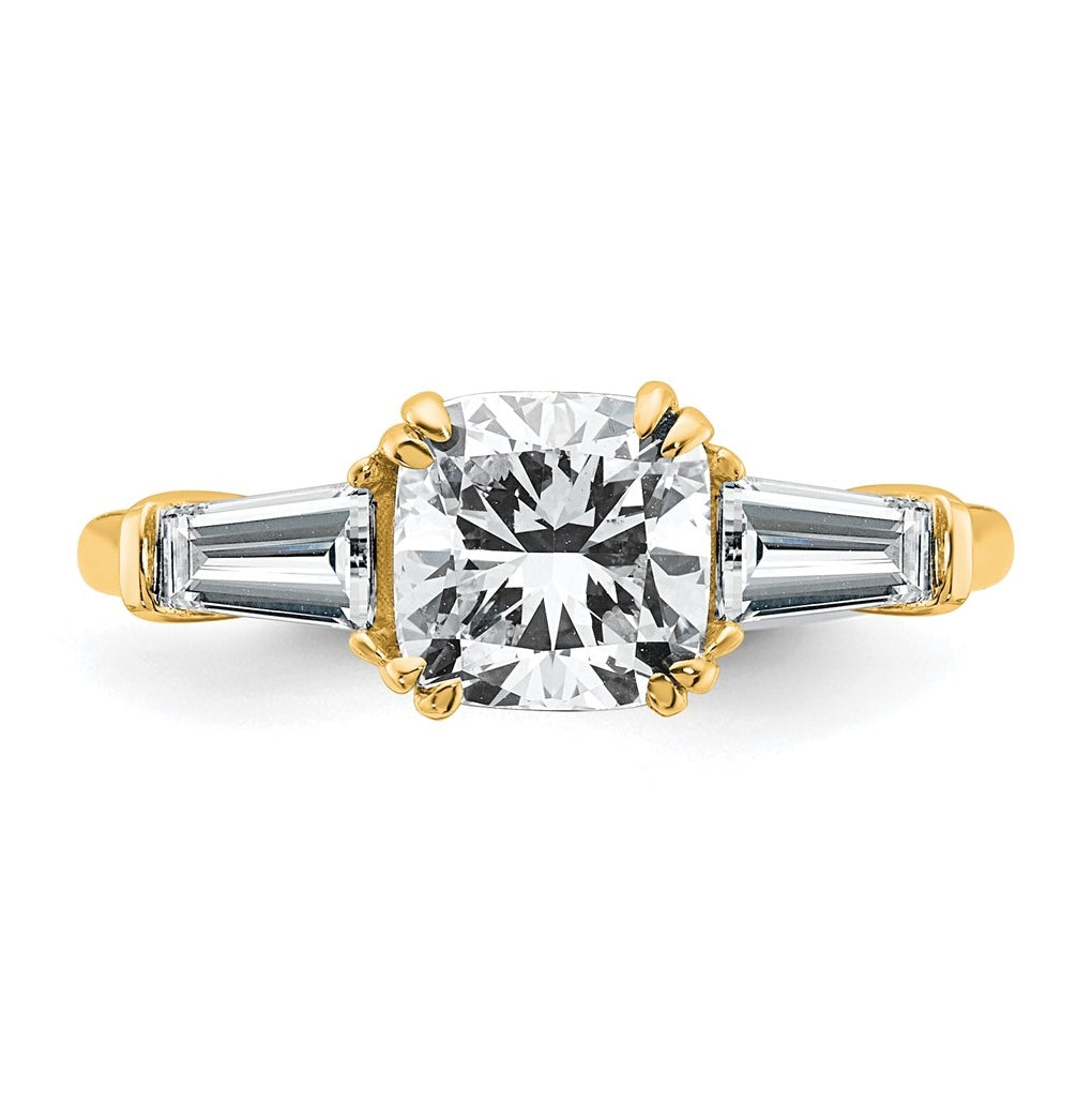 14k Yellow Gold Certified Lab Grown Diamond VS+ F+ Cushion and Tapered Baguette Complete Three Stone Engagement Ring