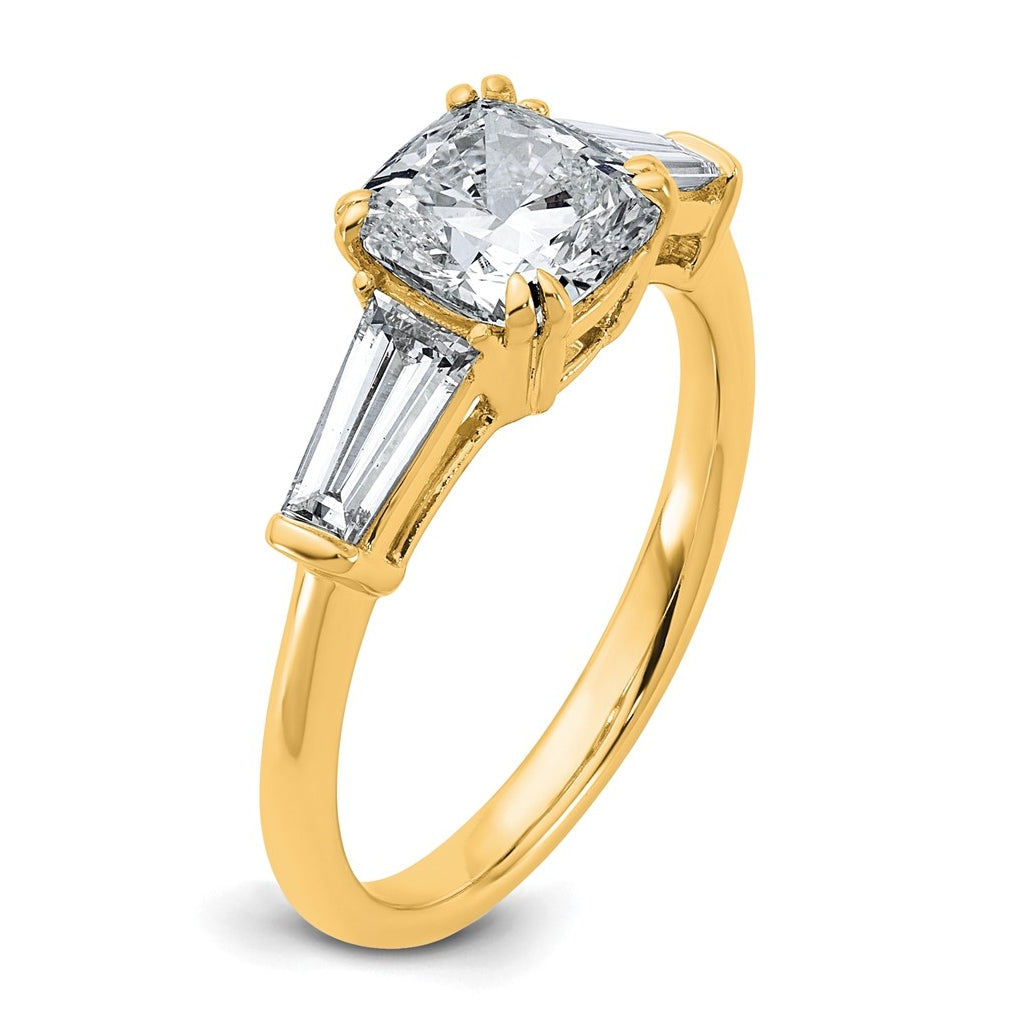 14k Yellow Gold Certified Lab Grown Diamond VS+ F+ Cushion and Tapered Baguette Complete Three Stone Engagement Ring