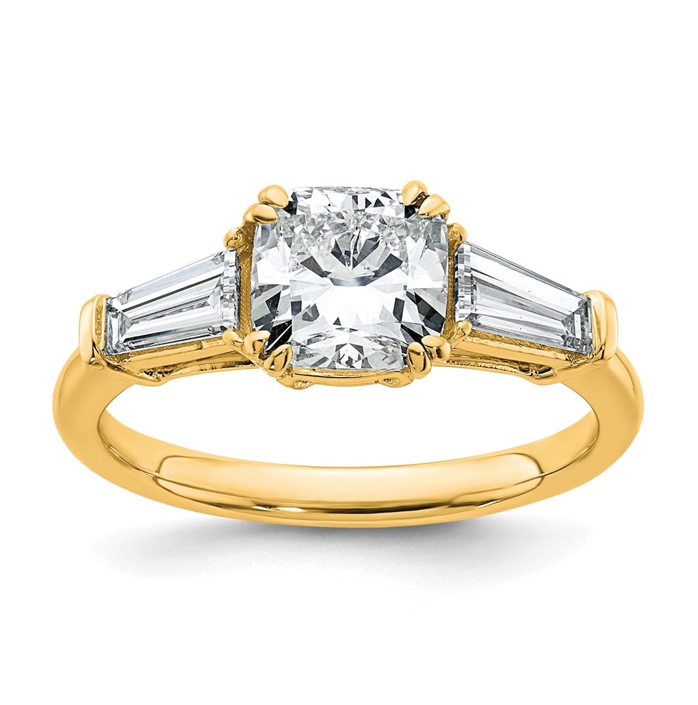14k Yellow Gold Certified Lab Grown Diamond VS+ F+ Cushion and Tapered Baguette Complete Three Stone Engagement Ring