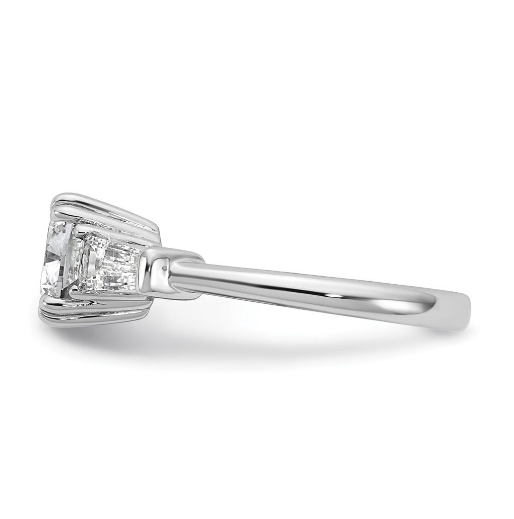 14k White Gold 2 5/8 carat Certified Lab Grown Diamond VS+ F+ Cushion and Tapered Baguette Complete Three Stone Engagement Ring