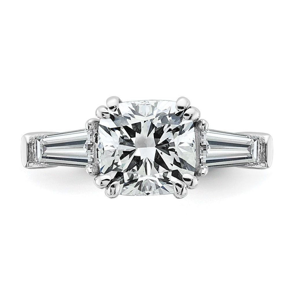 14k White Gold 2 5/8 carat Certified Lab Grown Diamond VS+ F+ Cushion and Tapered Baguette Complete Three Stone Engagement Ring