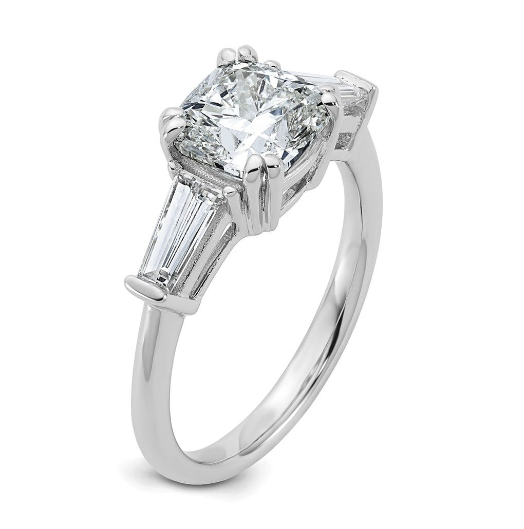 14k White Gold 2 5/8 carat Certified Lab Grown Diamond VS+ F+ Cushion and Tapered Baguette Complete Three Stone Engagement Ring