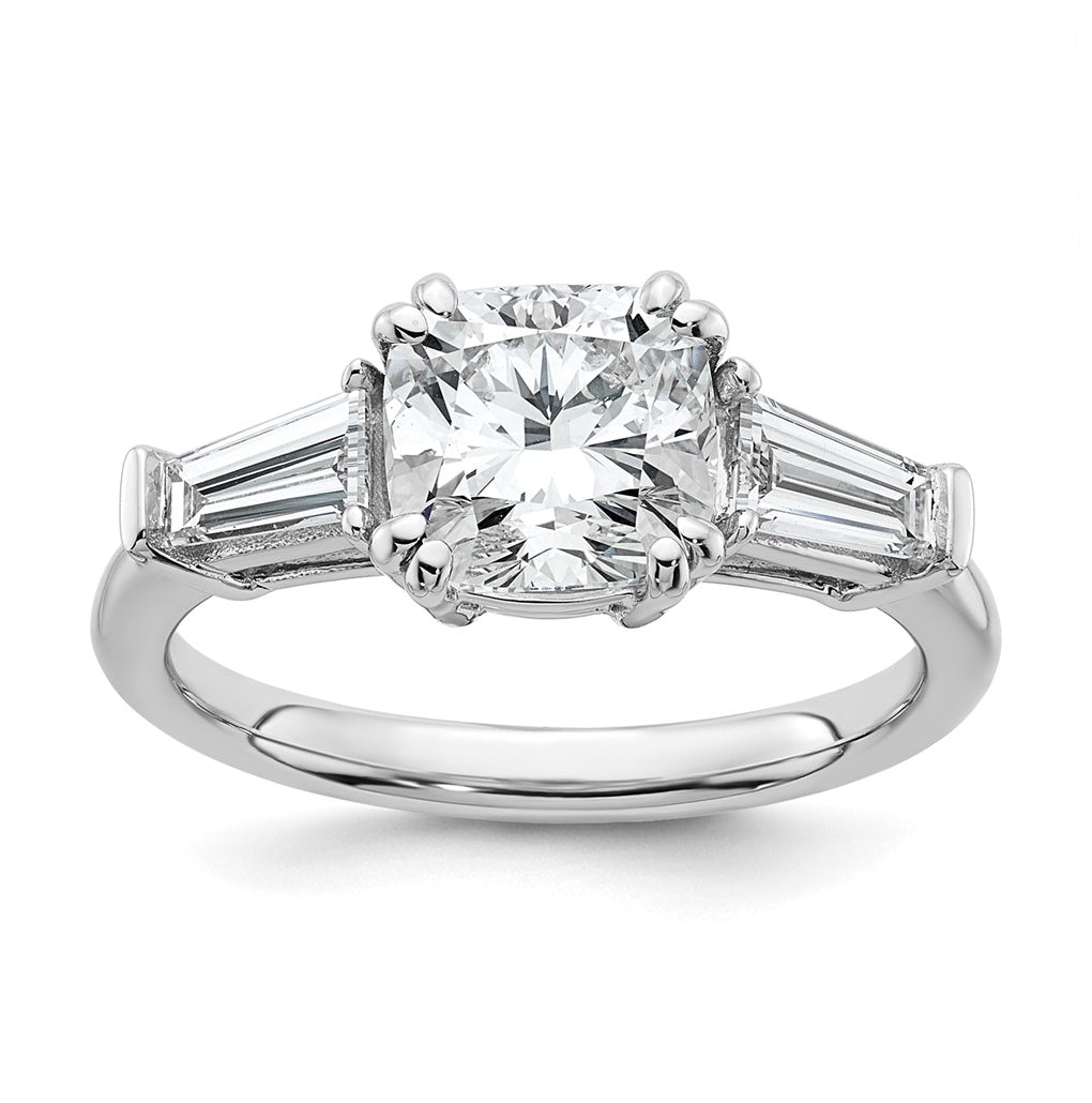 14k White Gold 2 5/8 carat Certified Lab Grown Diamond VS+ F+ Cushion and Tapered Baguette Complete Three Stone Engagement Ring