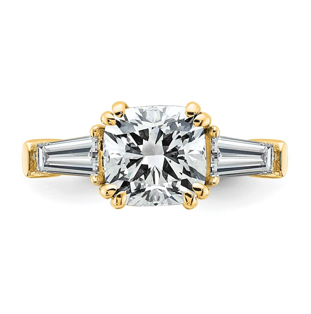 14k Yellow Gold Certified Lab Grown Diamond VS+ F+ Cushion and Tapered Baguette Complete Three Stone Engagement Ring