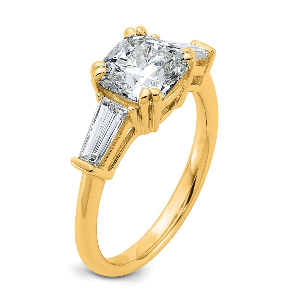 14k Yellow Gold Certified Lab Grown Diamond VS+ F+ Cushion and Tapered Baguette Complete Three Stone Engagement Ring