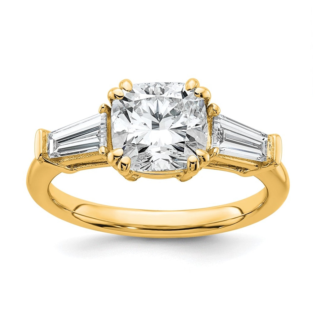 14k Yellow Gold Certified Lab Grown Diamond VS+ F+ Cushion and Tapered Baguette Complete Three Stone Engagement Ring