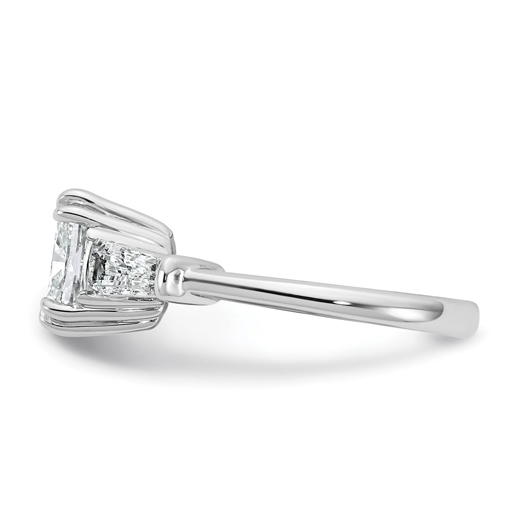14k White Gold 3 1/5 carat Certified Lab Grown Diamond VS+ F+ Cushion and Tapered Baguette Complete Three Stone Engagement Ring