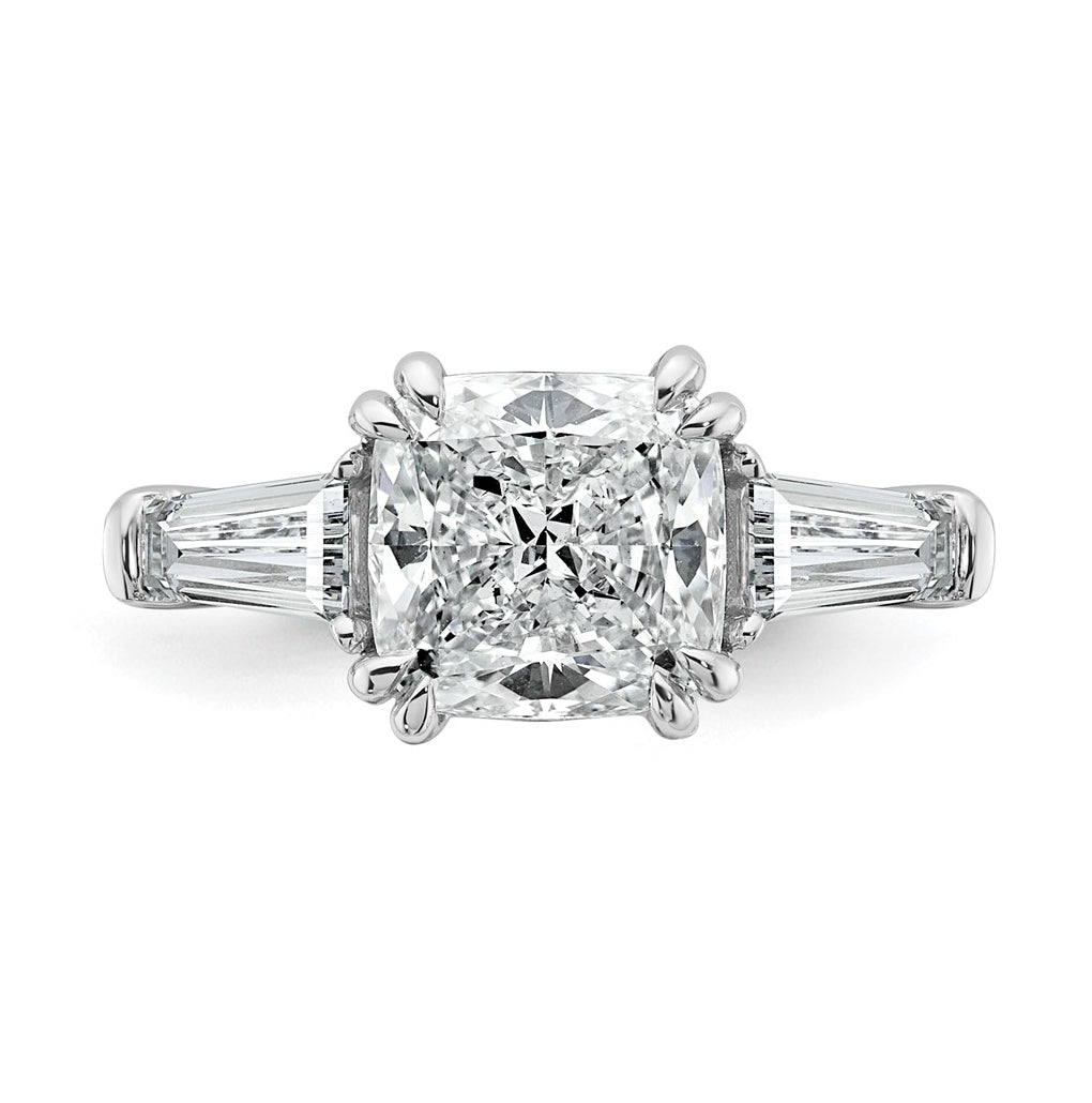 14k White Gold 3 1/5 carat Certified Lab Grown Diamond VS+ F+ Cushion and Tapered Baguette Complete Three Stone Engagement Ring