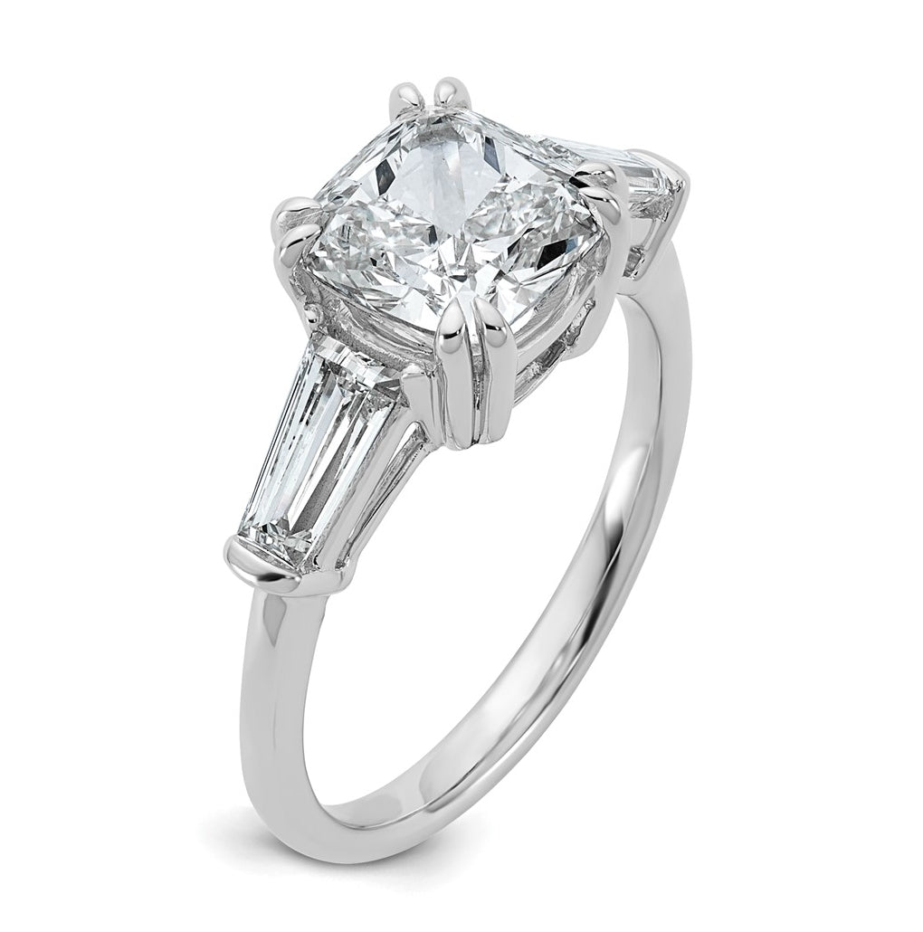 14k White Gold 3 1/5 carat Certified Lab Grown Diamond VS+ F+ Cushion and Tapered Baguette Complete Three Stone Engagement Ring