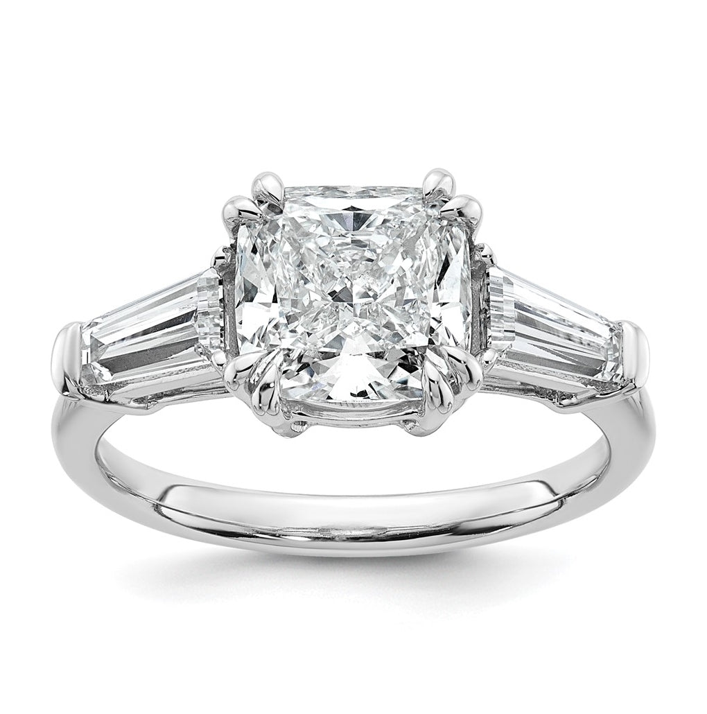 14k White Gold 3 1/5 carat Certified Lab Grown Diamond VS+ F+ Cushion and Tapered Baguette Complete Three Stone Engagement Ring