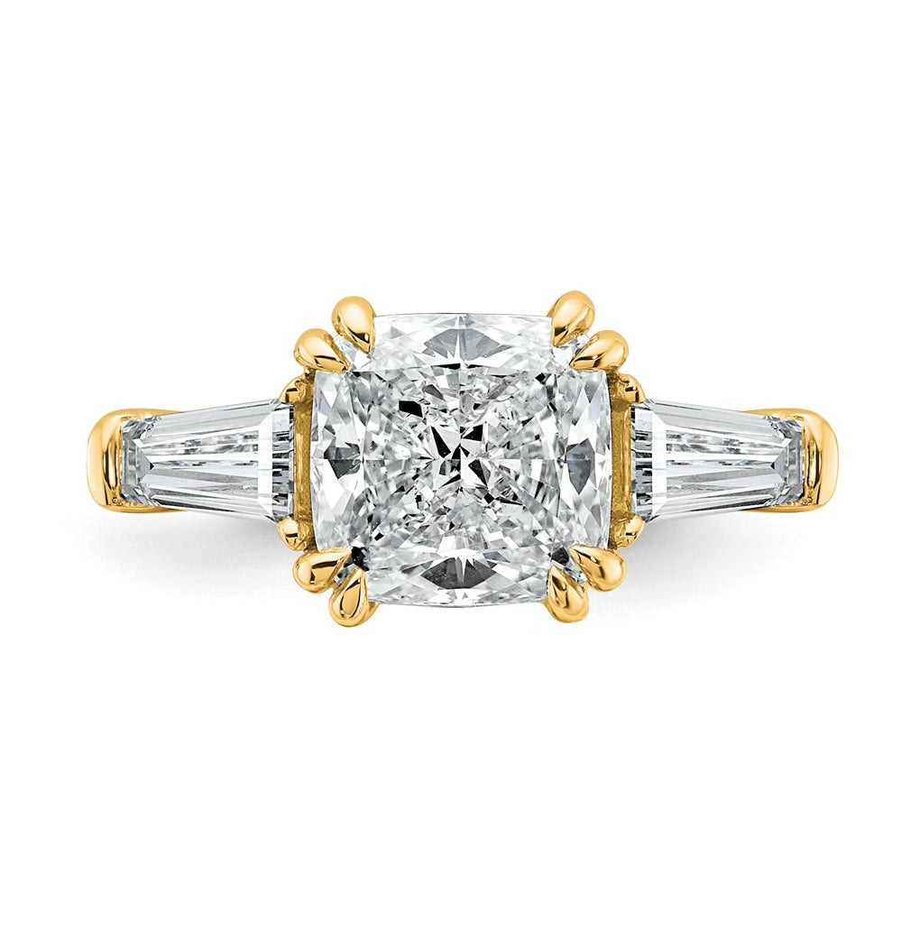 14k Yellow Gold Certified Lab Grown Diamond VS+ F+ Cushion and Tapered Baguette Complete Three Stone Engagement Ring