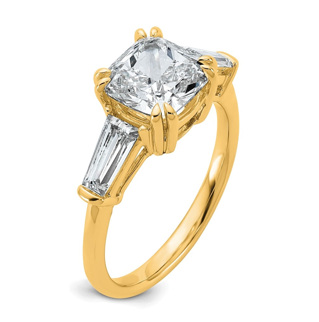 14k Yellow Gold Certified Lab Grown Diamond VS+ F+ Cushion and Tapered Baguette Complete Three Stone Engagement Ring