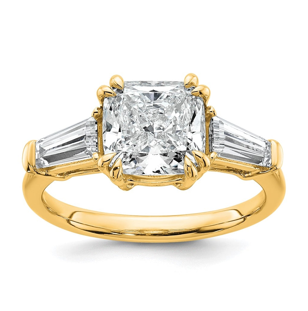 14k Yellow Gold Certified Lab Grown Diamond VS+ F+ Cushion and Tapered Baguette Complete Three Stone Engagement Ring