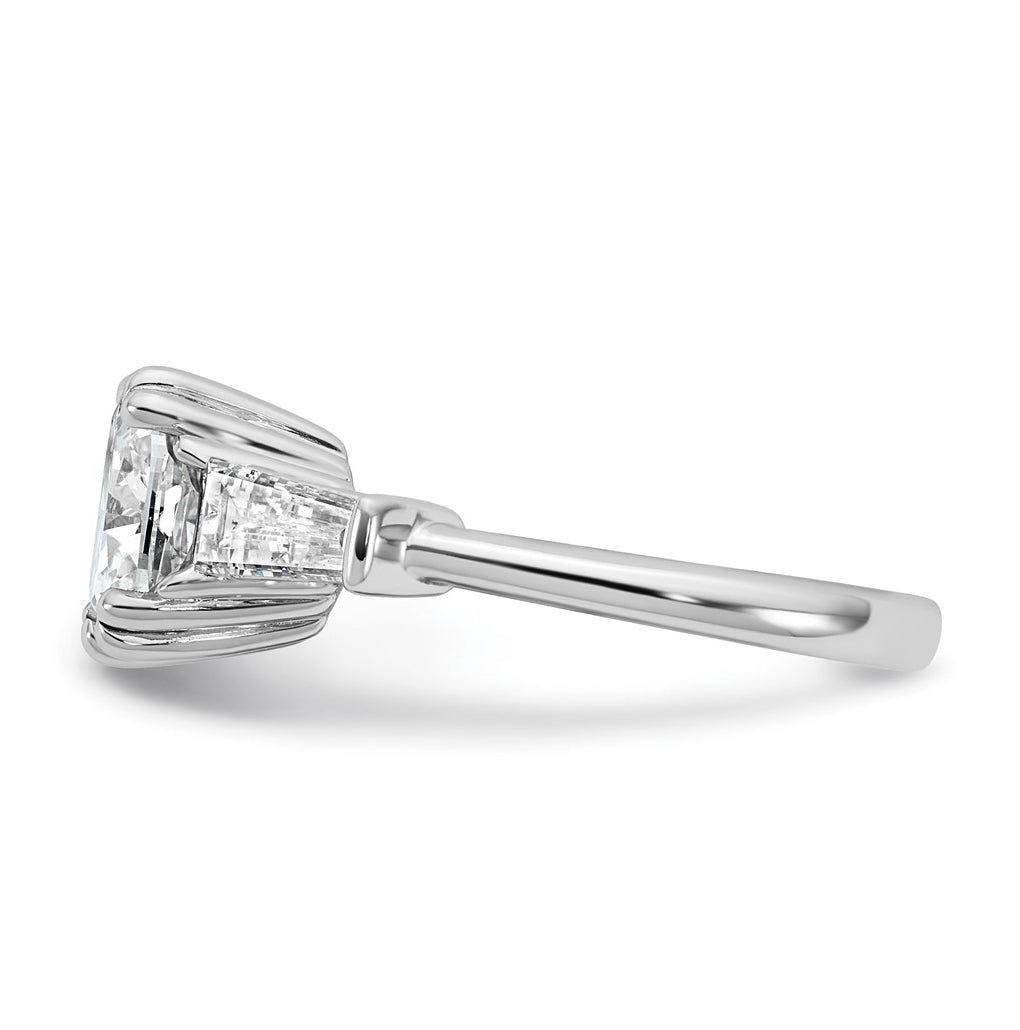 14k White Gold 3 3/4 carat Certified Lab Grown Diamond VS+ F+ Cushion and Tapered Baguette Complete Three Stone Engagement Ring