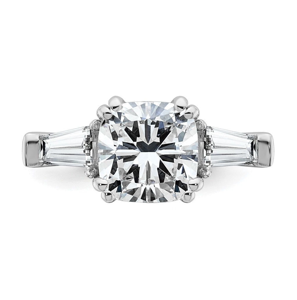 14k White Gold 3 3/4 carat Certified Lab Grown Diamond VS+ F+ Cushion and Tapered Baguette Complete Three Stone Engagement Ring