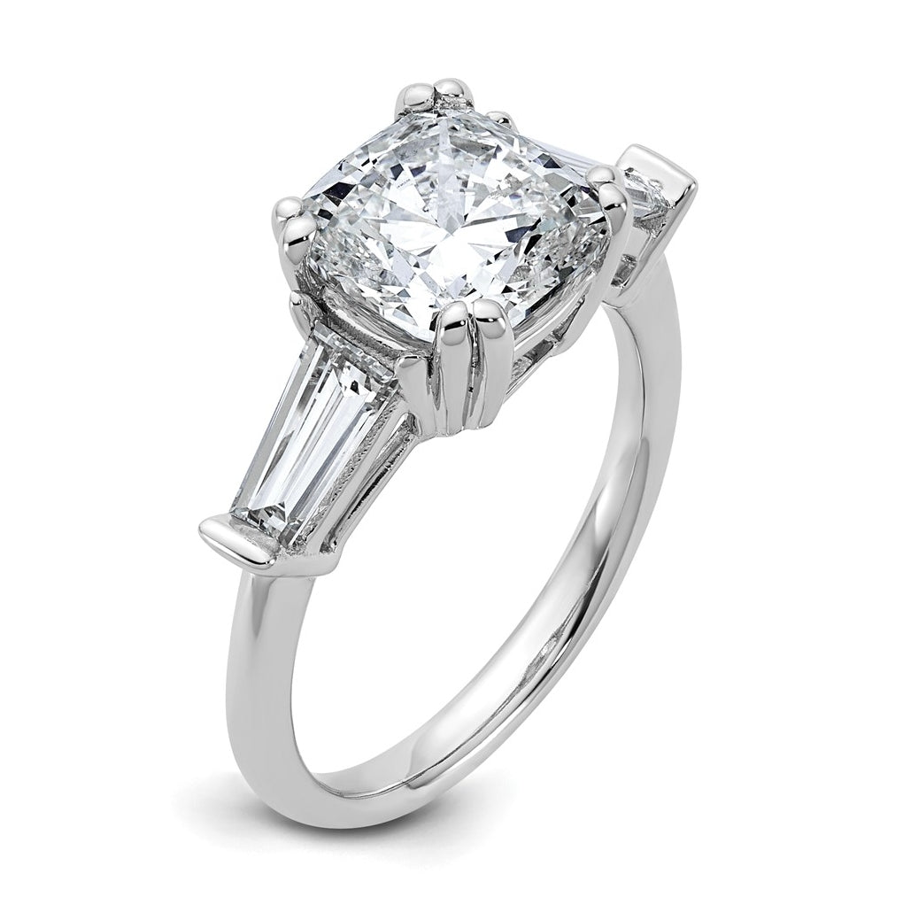 14k White Gold 3 3/4 carat Certified Lab Grown Diamond VS+ F+ Cushion and Tapered Baguette Complete Three Stone Engagement Ring