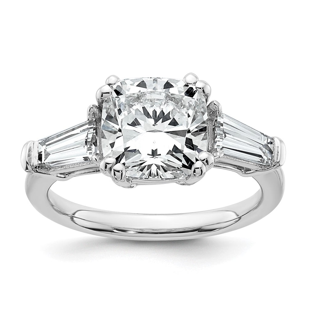 14k White Gold 3 3/4 carat Certified Lab Grown Diamond VS+ F+ Cushion and Tapered Baguette Complete Three Stone Engagement Ring