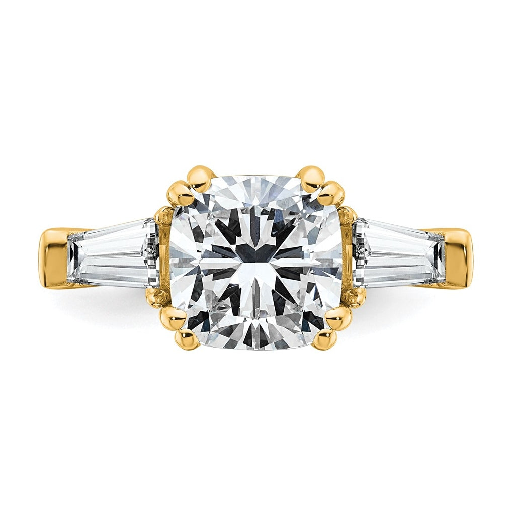 14k Yellow Gold Certified Lab Grown Diamond VS+ F+ Cushion and Tapered Baguette Complete Three Stone Engagement Ring