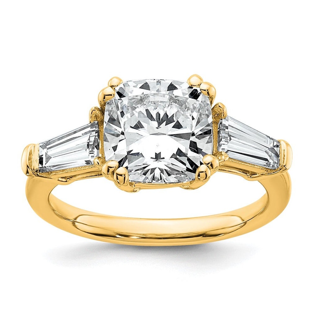 14k Yellow Gold Certified Lab Grown Diamond VS+ F+ Cushion and Tapered Baguette Complete Three Stone Engagement Ring