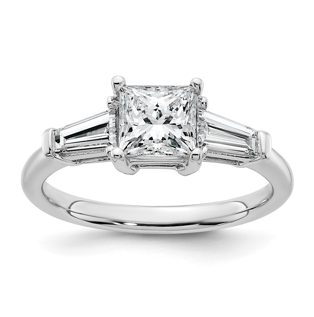 14k White Gold 1 1/2 carat Certified Lab Grown Diamond VS+ F+ Princess and Tapered Baguette Complete Three Stone Engagement Ring