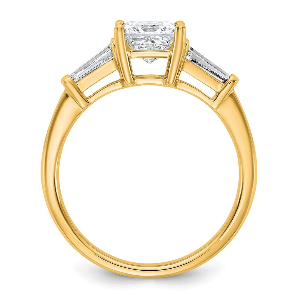 14k Yellow Gold 1 1/2 carat Certified Lab Grown Diamond VS+ F+ Princess and Tapered Baguette Complete Three Stone Engagement Ring