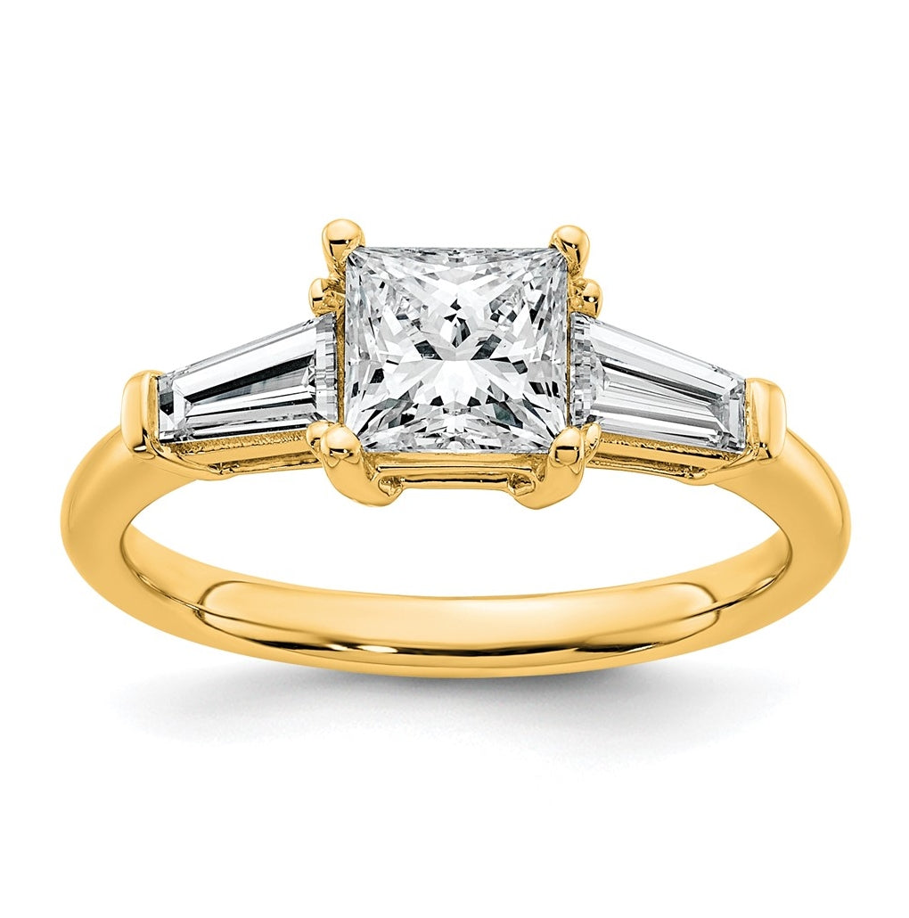 14k Yellow Gold 1 1/2 carat Certified Lab Grown Diamond VS+ F+ Princess and Tapered Baguette Complete Three Stone Engagement Ring